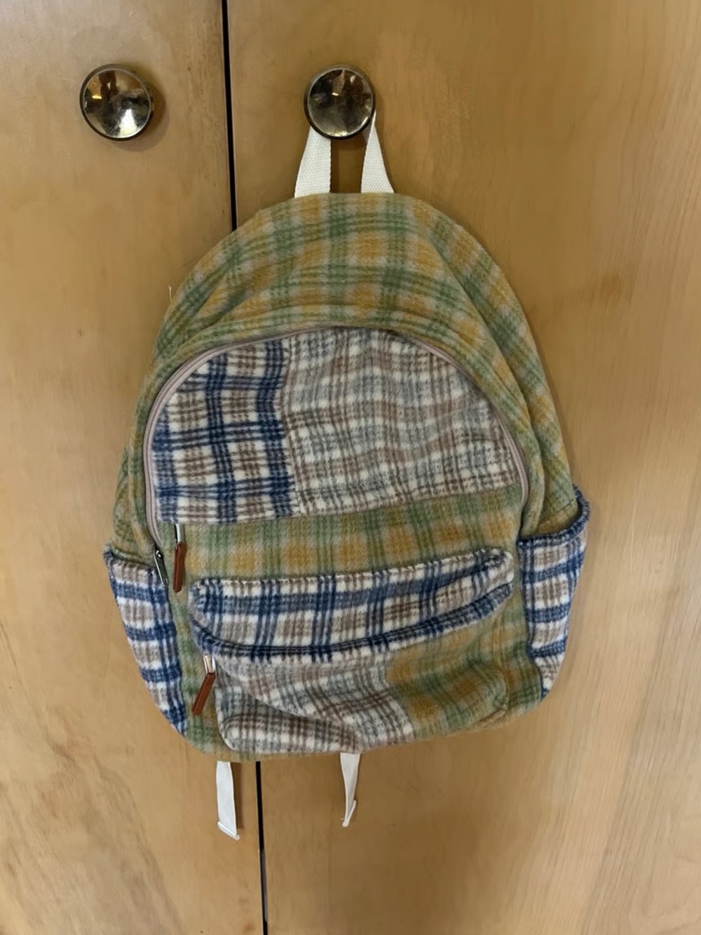 Target Plaid Patchwork Backpack in Green, Blue, and Tan